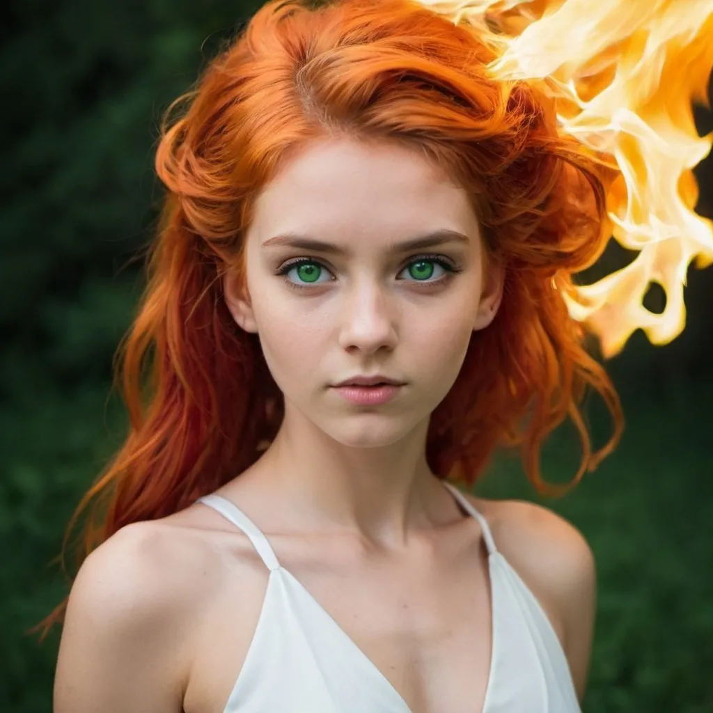 Prompt: a girl with fire hair and green eyes with a white dress