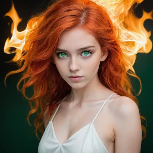 Prompt: a girl with fire hair and green eyes with a white dress