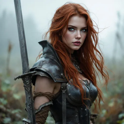 Prompt: A stunning gorgeous 5'8", busty, long-legged, waist length long red hair, wearing a corset style piece of armor. Long sword in right hand. Light wind blowing hair slightly. Background scene is a foggy moore.