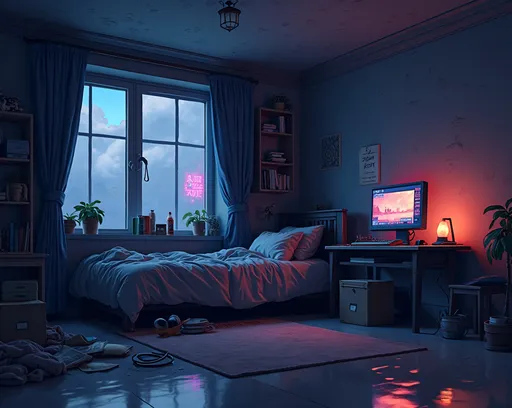 Prompt: A lonely pixel art bedroom at midnight, 16:9 aspect ratio, empty room with a clean floor but cluttered with items like books, boxes, wires, headphones, drink bottles; a messy bed with unmade, crumpled blankets and a pillow, placed on the side of the room; next to the bed, a small table with a glowing computer screen facing the bed, showing a retro pixel-style video game interface; strong neon light coming through the window, casting soft dynamic reflections on the wall and floor; cyberpunk color palette, dark atmosphere, ambient lighting, soft shadows, detailed pixel style, highly atmospheric, moody, sad and empty feeling, low saturation background with colorful light highlights, animation-ready
