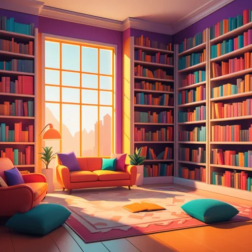 Prompt: design an animated style library with several books around and bright colors