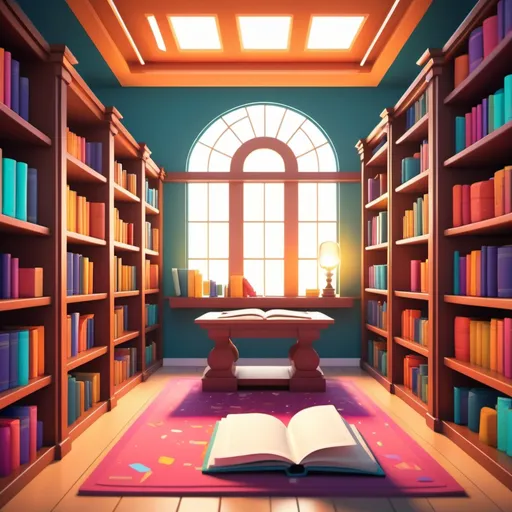 Prompt: design an animated style library with several books around and bright colors