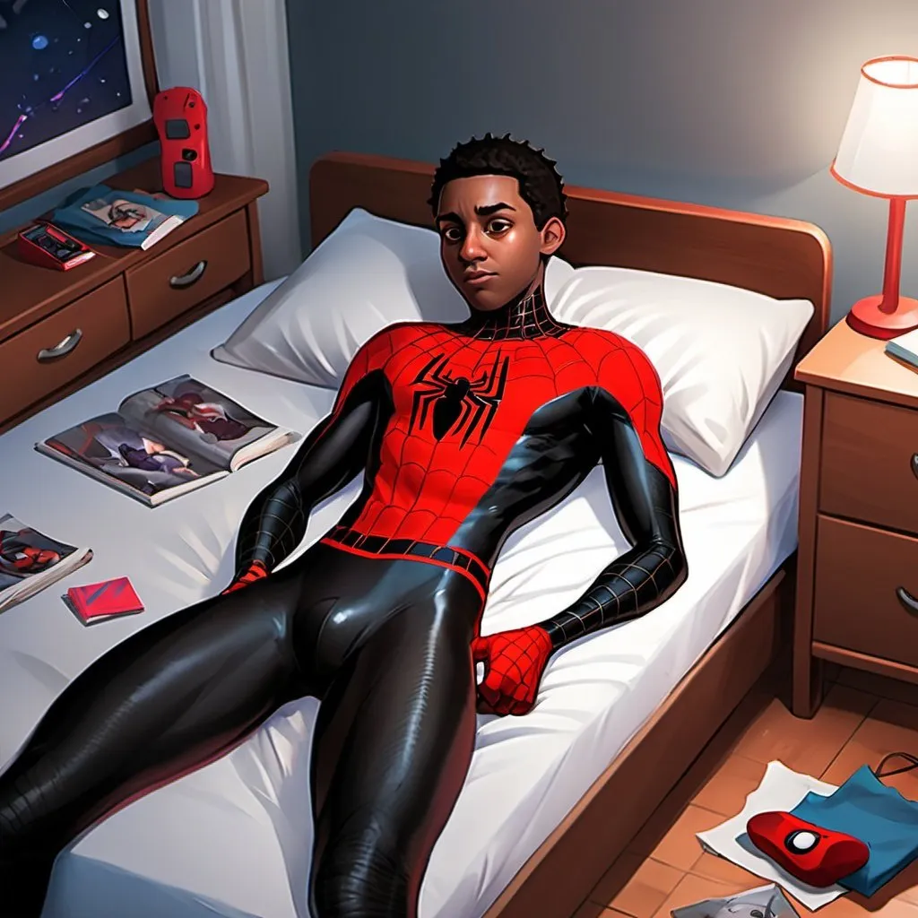 Prompt: Generate a semi-realistic Cartoon of Miles Morales laying fast asleep on his bed, wearing only a jockstrap and his lightly hairy legs, showing his messy room blending elements of realism with a cartoon aesthetic.