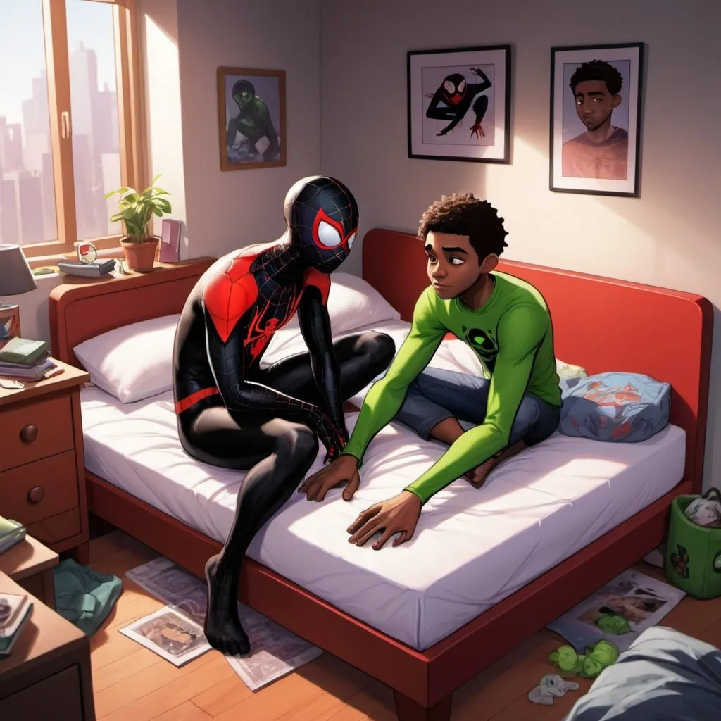 Prompt: semi-realistic Cartoon of Miles Morales and beastboy laying on his bed, couple, undressing, lightly hairy legs, showing his messy room blending elements of realism with a cartoon aesthetic.