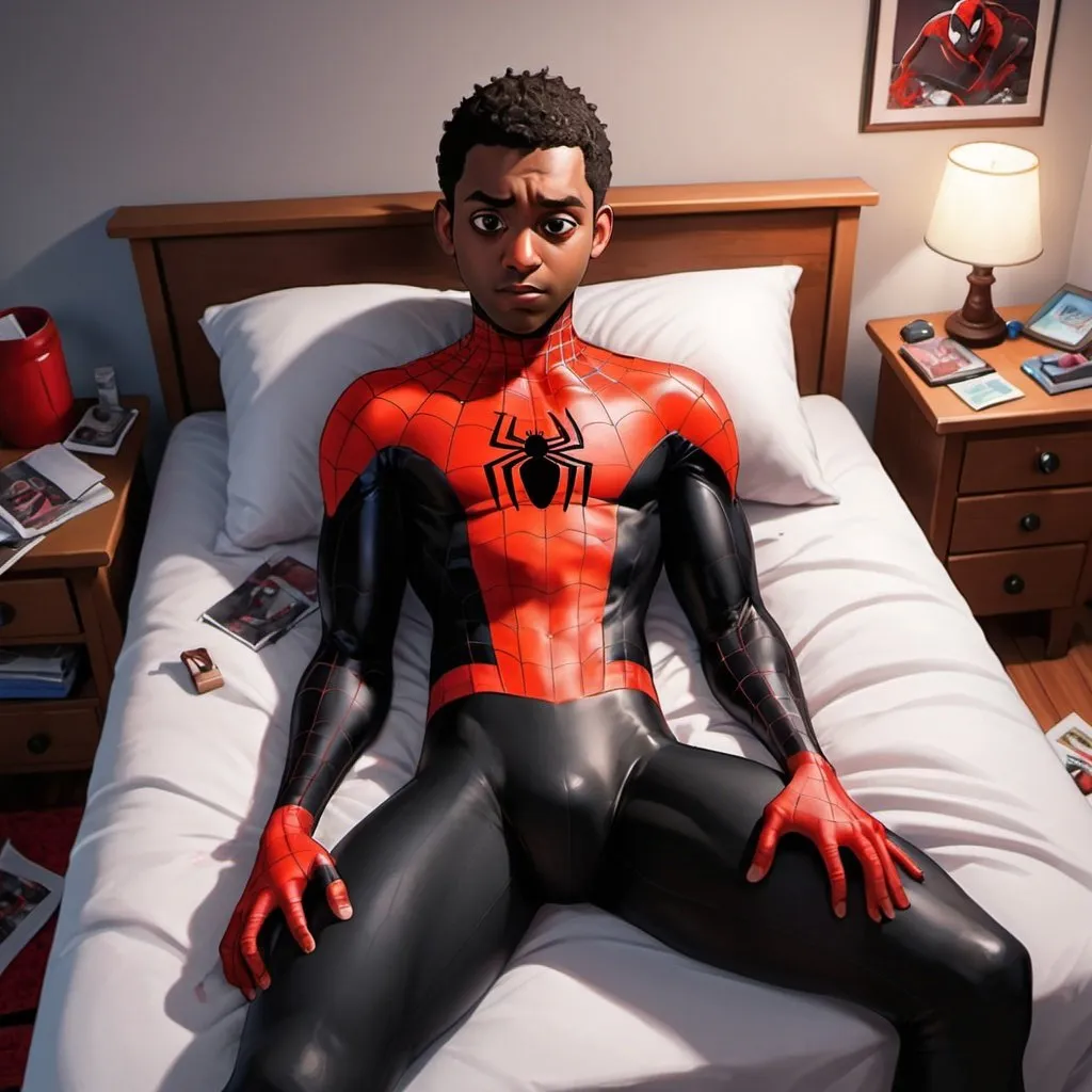 Prompt: Generate a semi-realistic Cartoon of Miles Morales laying fast asleep on his bed, undressing, wearing only a jockstrap and his lightly hairy legs, showing his messy room blending elements of realism with a cartoon aesthetic.