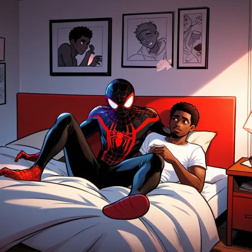 Prompt: semi-realistic Cartoon of Miles Morales with boyfriend laying on his bed, couple, lightly hairy legs, gay, showing his messy room blending elements of realism with a cartoon aesthetic.