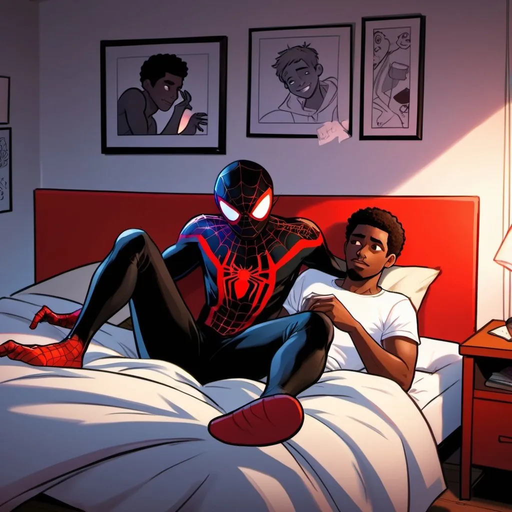 Prompt: semi-realistic Cartoon of Miles Morales with boyfriend laying on his bed, couple, lightly hairy legs, gay, showing his messy room blending elements of realism with a cartoon aesthetic.