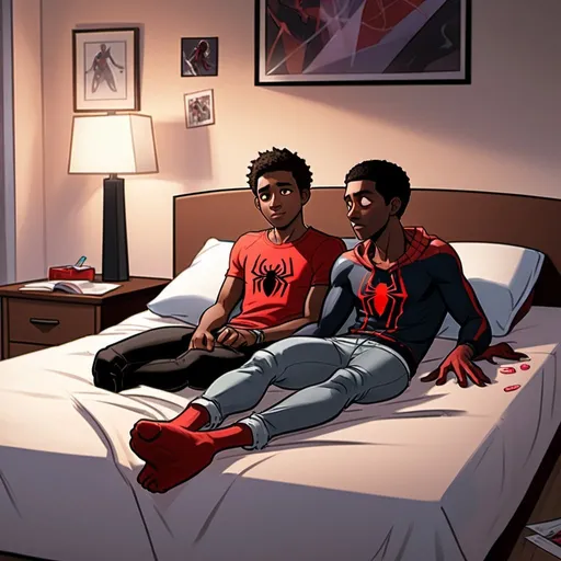 Prompt: semi-realistic Cartoon of Miles Morales with boyfriend laying on his bed, couple, lightly hairy legs, showing his messy room blending elements of realism with a cartoon aesthetic.