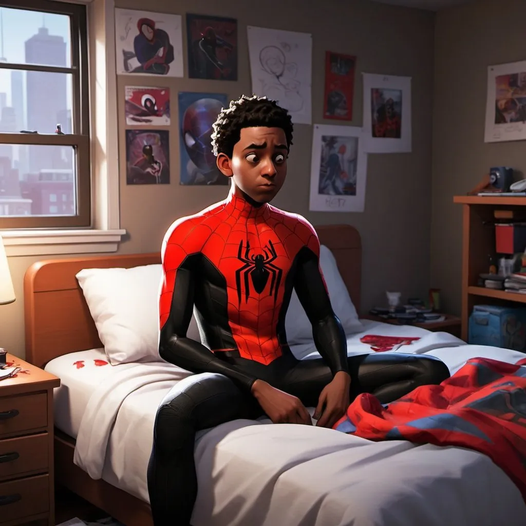 Prompt: Generate a semi-realistic Cartoon of Miles Morales without his suit, asleep on his bed, showing his messy room blending elements of realism with a cartoon aesthetic.