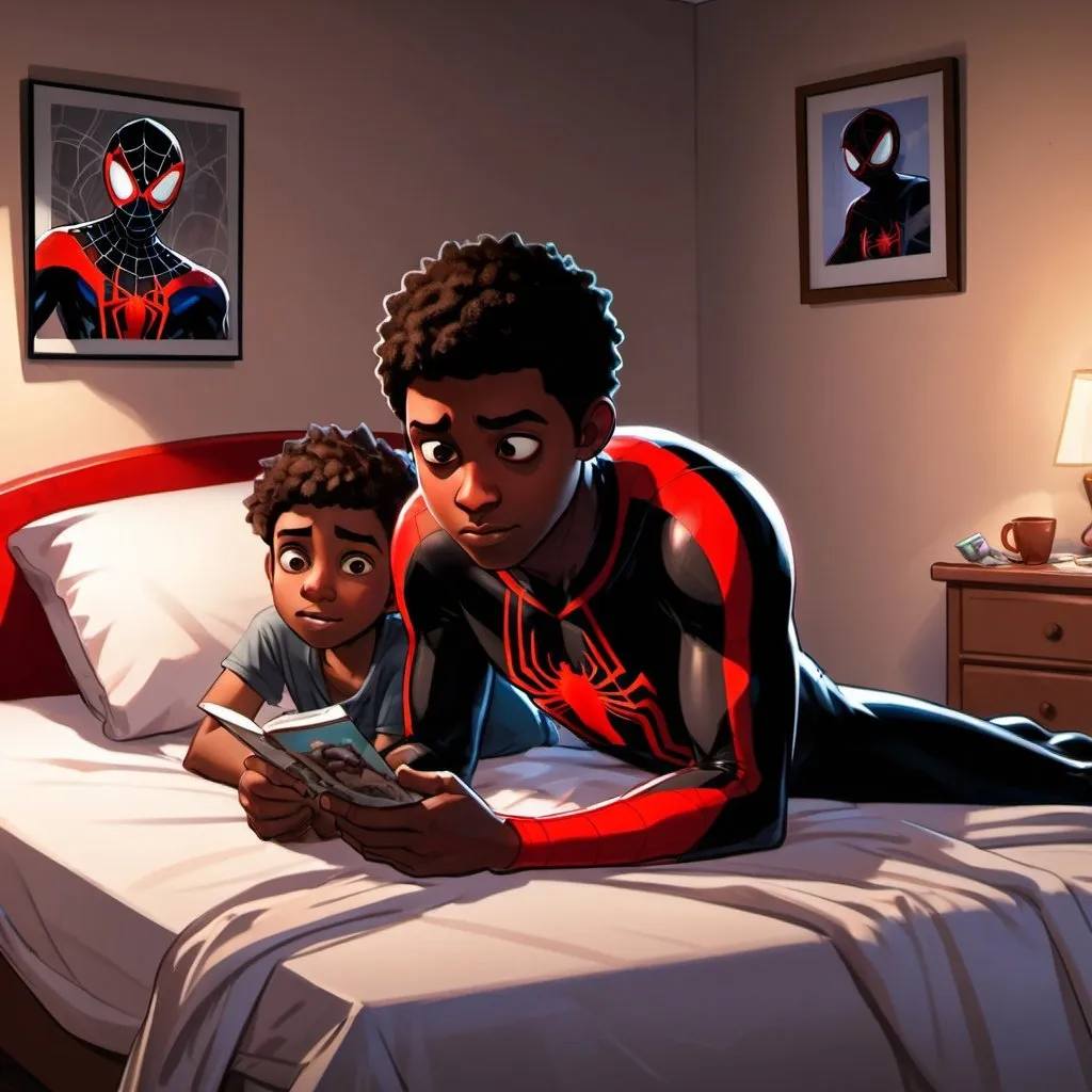 Prompt: semi-realistic Cartoon of Miles Morales with boy, on his bed, couple, lightly hairy legs, gay, showing his messy room blending elements of realism with a cartoon aesthetic.