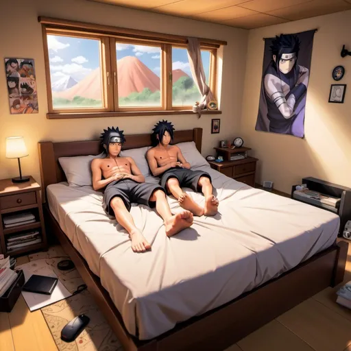 Prompt: semi-realistic Cartoon of Naruto and Sasuke, on his bed, couple, lightly hairy legs, gay, showing his messy room blending elements of realism with a cartoon aesthetic.