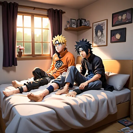 Prompt: semi-realistic Cartoon of Naruto and Sasuke, on his bed, couple, lightly hairy legs, gay, showing his messy room blending elements of realism with a cartoon aesthetic.