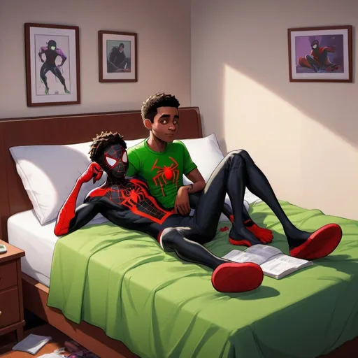 Prompt: semi-realistic Cartoon of Miles Morales and beastboy laying on his bed, couple, undressing, lightly hairy legs, showing his messy room blending elements of realism with a cartoon aesthetic.
