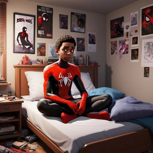 Prompt: Generate a semi-realistic Cartoon of Miles Morales without his suit, asleep on his bed, showing his messy room blending elements of realism with a cartoon aesthetic.