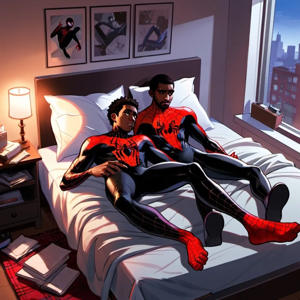 Prompt: semi-realistic Cartoon of Miles Morales with boyfriend laying on his bed, couple, lightly hairy legs, gay, showing his messy room blending elements of realism with a cartoon aesthetic.