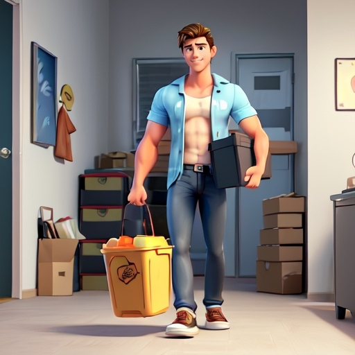 Prompt: a young adult muscle hot handsome guy moving a plastic  box

