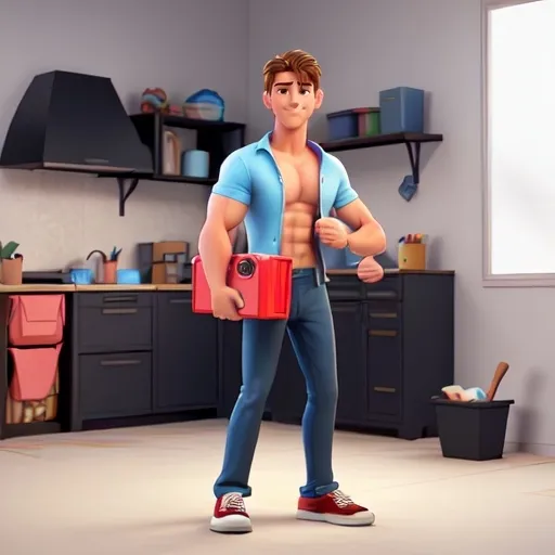 Prompt: a young adult muscle hot handsome guy moving a plastic  box

