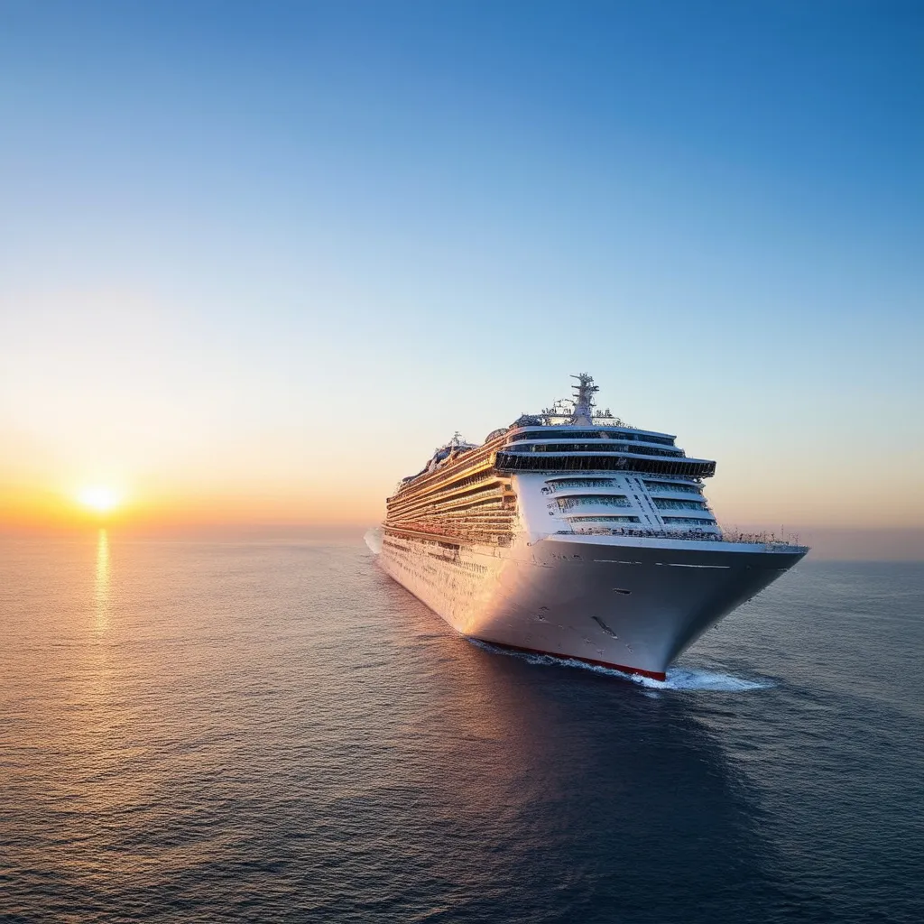 Prompt: a Cruise ship going into the sunset



