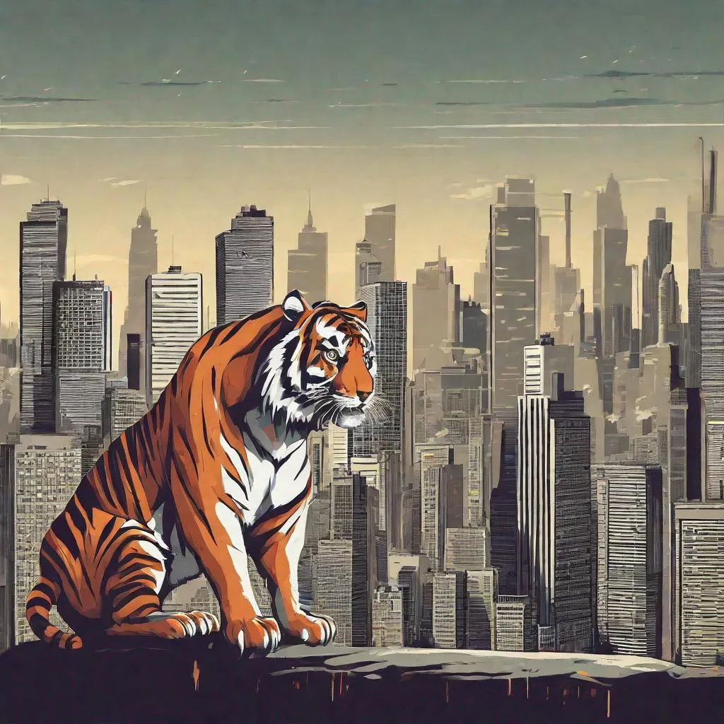 Prompt: A tiger eating a big city skyline