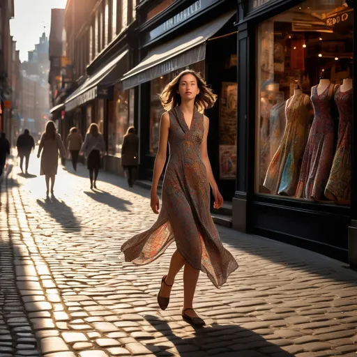 Prompt: Tall young woman walking down the high street, detailed clothing, realistic, natural lighting