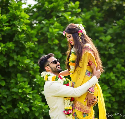 Prompt: In a sunlit outdoor setting, a joyful couple shares a moment filled with laughter, surrounded by lush greenery. The man, wearing stylish sunglasses and traditional attire, lifts a woman adorned in vibrant, elaborately patterned clothing, her long hair cascading down. Both appear to be celebrating a festive occasion, evidenced by the floral garlands adorning their outfits and the rich colors of their clothing, contrasting beautifully with the natural backdrop. The scene conveys a sense of happiness and cultural celebration, emphasizing the warmth of their connection amidst the serene landscape.