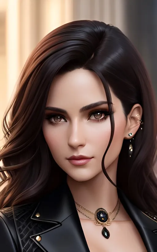 Prompt: portrait of a couple of a confident man with short brown hair with piercing eyes in a black jacket and a beautiful girl with long wavy brown hair with piercing eyes in a black dress, perfect composition, realistic, super detailed, 8k, high quality, artstation, sharp focus, studio photo, intricate details, highly detailed, by greg rutkowski, passion