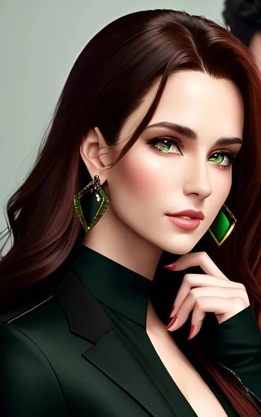 Prompt: portrait of a couple of a confident man with brown hair with hazel piercing eyes in a black jacket and a beautiful girl with long wavy red hair with dark green piercing eyes in a green dress, hand on chest, perfect composition, realistic, super detailed, 8k, high quality, artstation, sharp focus, studio photo, intricate details, highly detailed, by greg rutkowski, passion