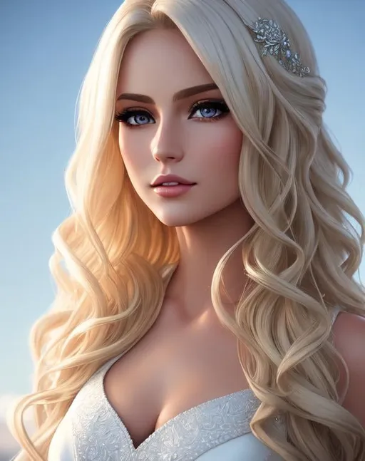 Prompt: photorealistic, waist-length picture of a beautiful girl with long {wavy} {blonde} hair in a stunning dark white dress, 25 year old, {perfect eyes}, dreamy eyes, perfect composition, detailed face, realistic, super detailed, 8k, high quality, artstation, sharp focus, studio photo, intricate details, highly detailed, by greg rutkowski