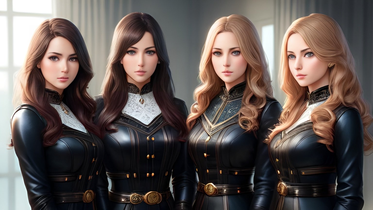 Prompt: photorealistic, full body picture, {four girls}, 26 year old, {perfect eyes}, {perfect face}, {different hair color}, dreamy eyes, perfect composition, detailed face, realistic, super detailed, 8k, high quality, artstation, sharp focus, studio photo, intricate details, highly detailed, by greg rutkowski