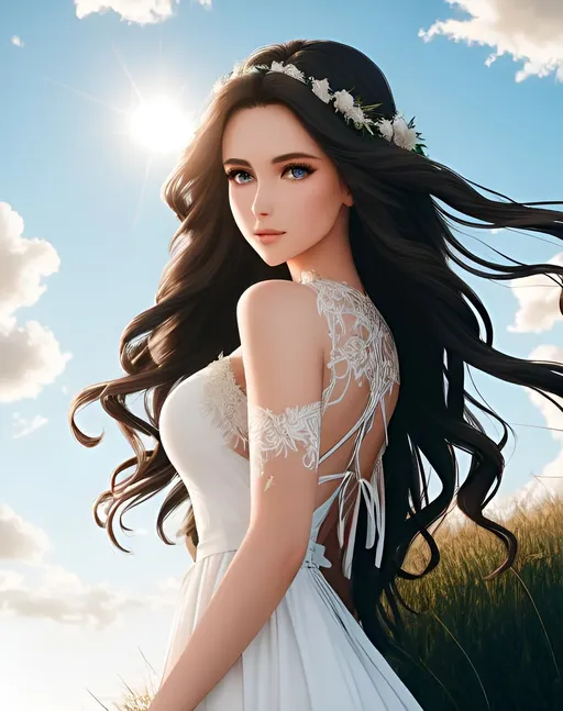Prompt: photorealistic, waist-length picture of a beautiful girl with long {wavy} hair in a stunning dark white dress, 25 year old, {perfect eyes}, dreamy eyes, blue sky, sun, tress, grass, perfect composition, detailed face, realistic, super detailed, 8k, high quality, artstation, sharp focus, studio photo, intricate details, highly detailed, by greg rutkowski