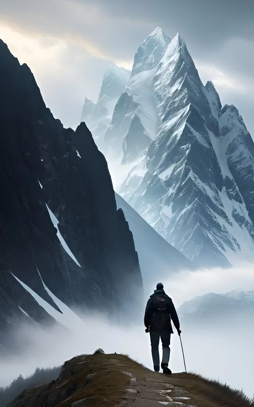 Prompt: an adult man walking at the mountain in the cloudy weather, detailed face, perfect composition, hyperrealistic, super detailed, 8k, high quality, artstation, sharp focus, studio photo, intricate details, highly detailed, by greg rutkowski