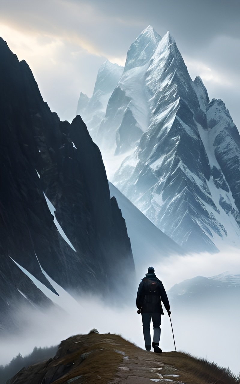 Prompt: an adult man walking at the mountain in the cloudy weather, detailed face, perfect composition, hyperrealistic, super detailed, 8k, high quality, artstation, sharp focus, studio photo, intricate details, highly detailed, by greg rutkowski