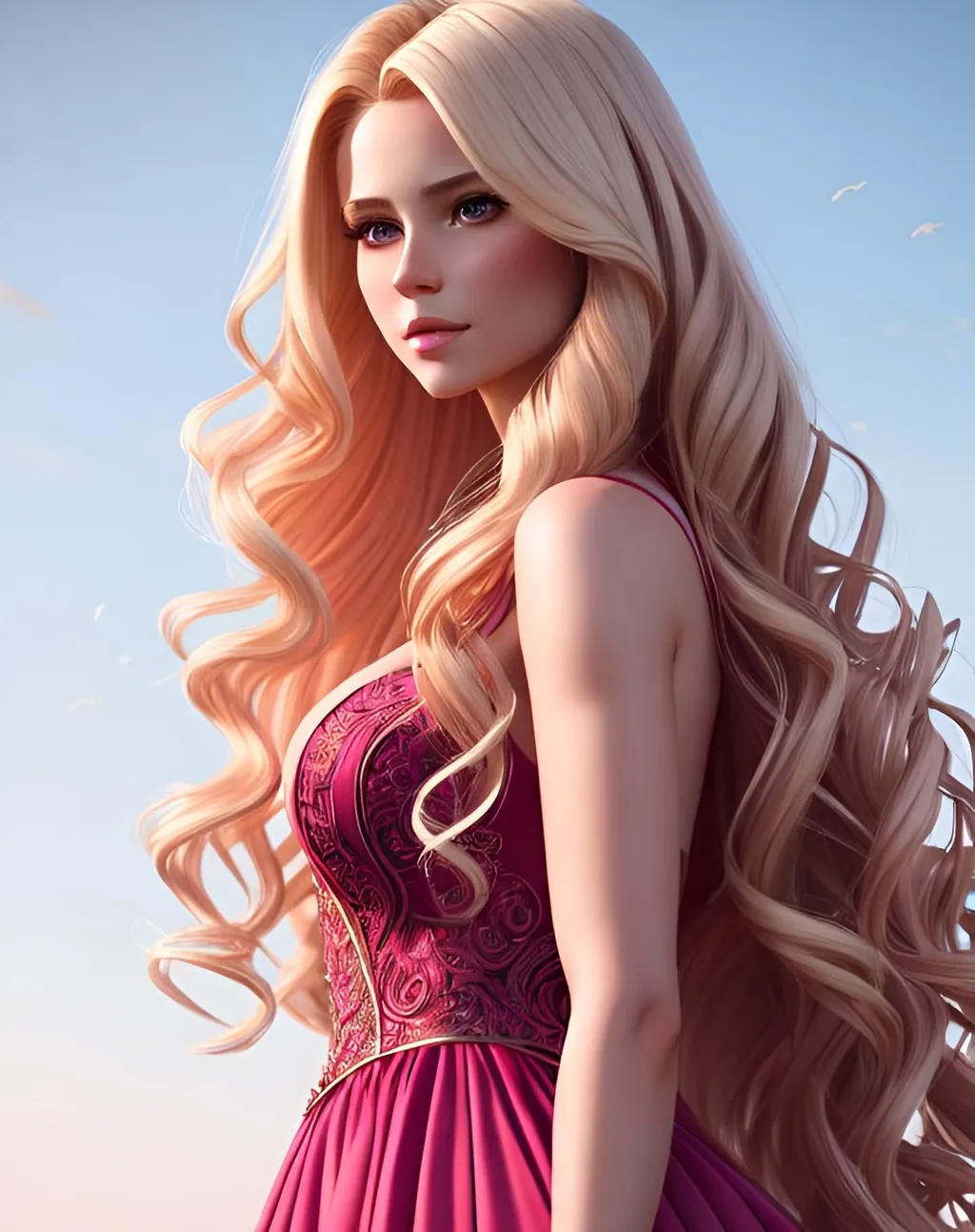 Prompt: photorealistic full body portrait, a beautiful girl with long wavy {blonde} hair in a stunning dark pink dress, perfect composition, detailed face, realistic, super detailed, 8k, high quality, artstation, sharp focus, studio photo, intricate details, highly detailed, by greg rutkowski