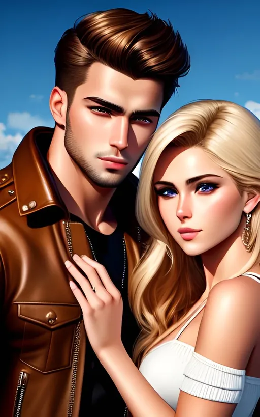 Prompt: high quality photorealistic portrait of a confident couple of a handsome brunet man and an attractive blonde girl, hot, passion, detailed face, perfect composition, 8k, high quality, artstation, studio photo