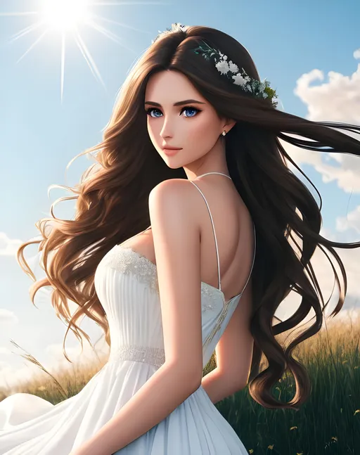 Prompt: photorealistic, waist-length picture of a beautiful girl with long {wavy} {brown} hair in a stunning dark white dress, 25 year old, {perfect eyes}, dreamy eyes, blue sky, sun, tress, grass, perfect composition, detailed face, realistic, super detailed, 8k, high quality, artstation, sharp focus, studio photo, intricate details, highly detailed, by greg rutkowski