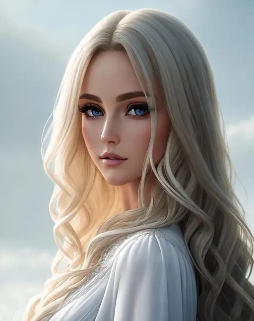 Prompt: photorealistic, waist-length picture of a beautiful girl with long {wavy} {blonde} hair in a stunning dark white dress, 25 year old, {perfect eyes}, dreamy eyes, perfect composition, detailed face, realistic, super detailed, 8k, high quality, artstation, sharp focus, studio photo, intricate details, highly detailed, by greg rutkowski