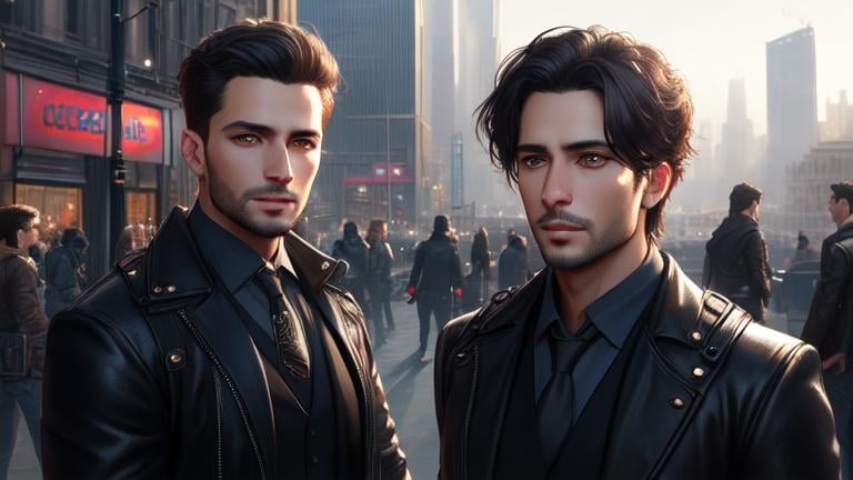 Prompt: photorealistic, waist-length picture, four men, 26 year old, {perfect eyes}, dreamy eyes, busy city, perfect composition, detailed face, realistic, super detailed, 8k, high quality, artstation, sharp focus, studio photo, intricate details, highly detailed, by greg rutkowski