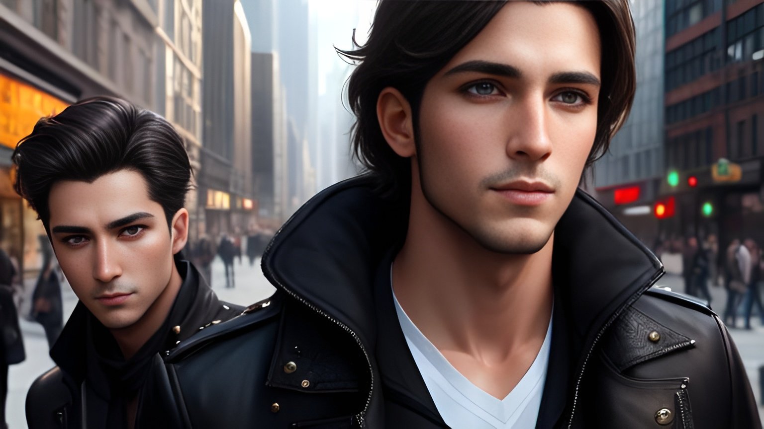 Prompt: photorealistic, waist-length picture, four men, 26 year old, {perfect eyes}, dreamy eyes, students, busy city, perfect composition, detailed face, realistic, super detailed, 8k, high quality, artstation, sharp focus, studio photo, intricate details, highly detailed, by greg rutkowski