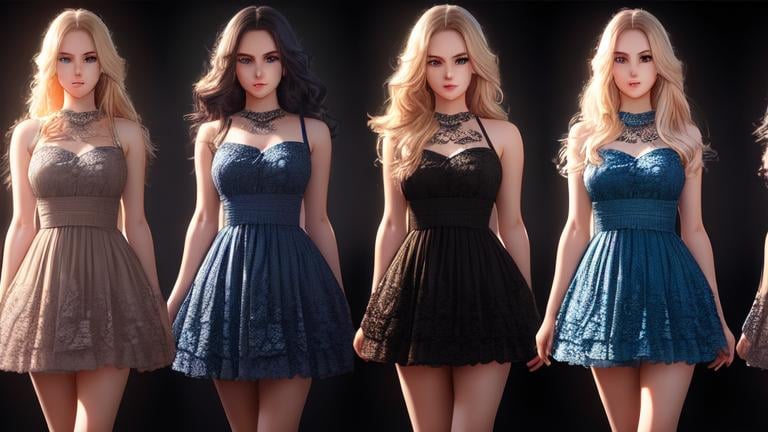 Prompt: photorealistic, full body picture, {four girls}, 26 year old, {perfect eyes}, {perfect face}, {different hair color}, dreamy eyes, short dresses, perfect composition, detailed face, realistic, super detailed, 8k, high quality, artstation, sharp focus, studio photo, intricate details, highly detailed, by greg rutkowski