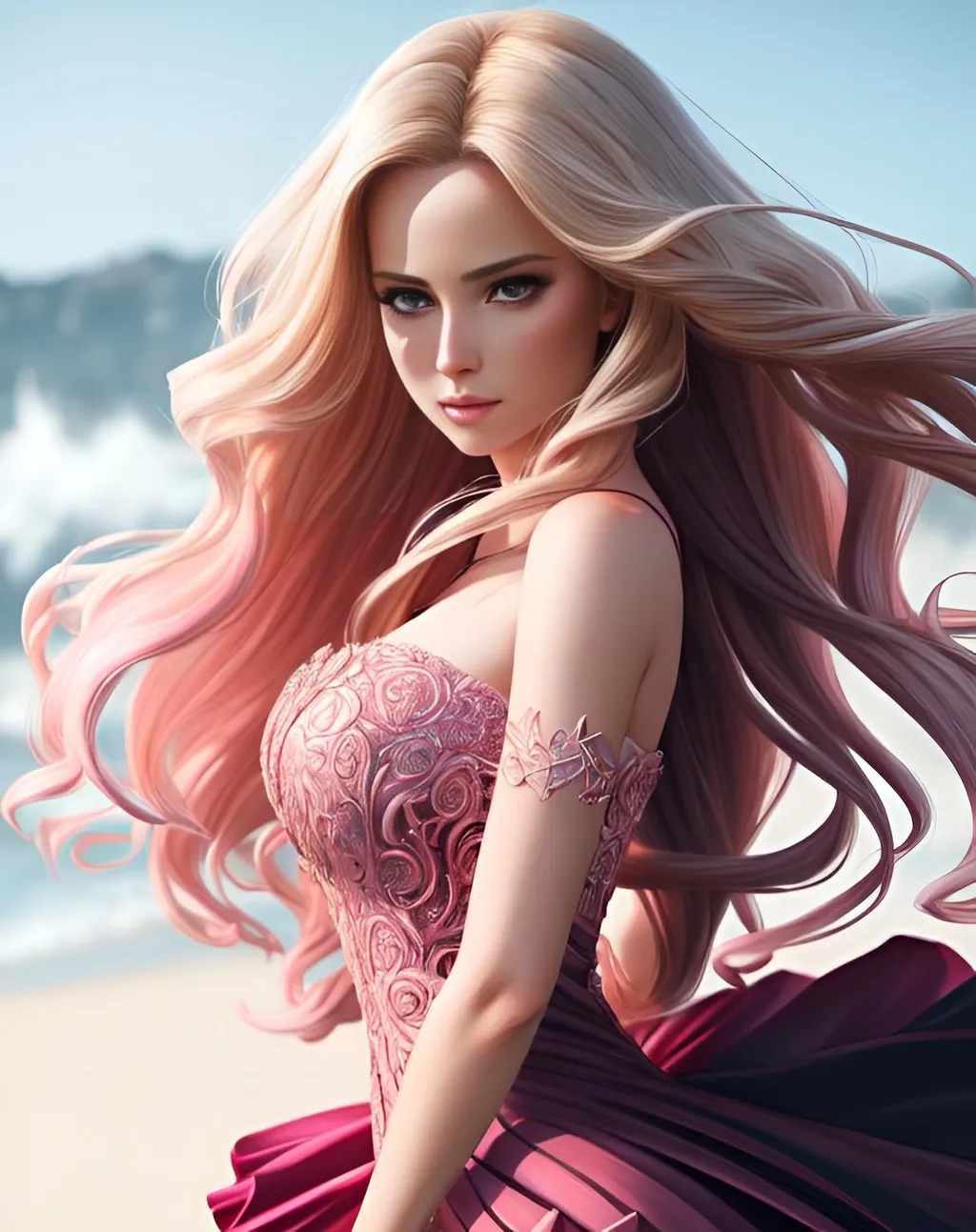 Prompt: photorealistic full body portrait, a beautiful girl with long wavy {blonde} hair in a stunning dark pink dress, perfect composition, detailed face, realistic, super detailed, 8k, high quality, artstation, sharp focus, studio photo, intricate details, highly detailed, by greg rutkowski