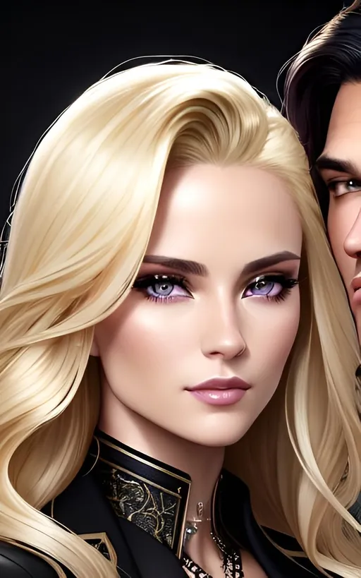 Prompt: portrait of a couple of a confident man with blonde hair with amber piercing eyes in a black jacket and a beautiful girl with long wavy black hair with brown piercing eyes in a violet dress, perfect composition, realistic, super detailed, 8k, high quality, artstation, sharp focus, studio photo, intricate details, highly detailed, by greg rutkowski, passion