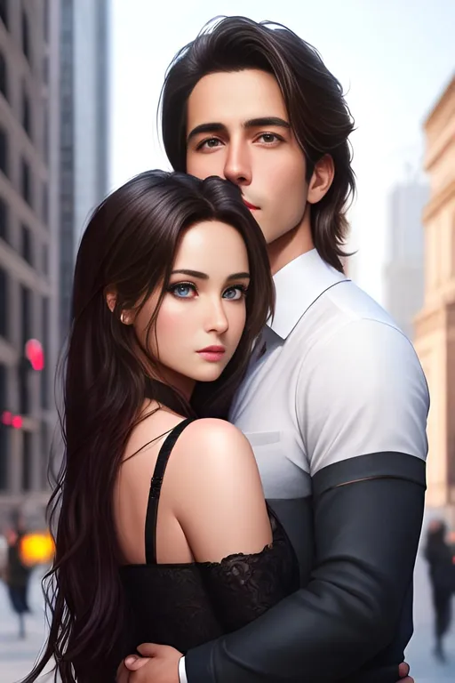 Prompt: photorealistic, waist-length picture, a couple of a girl and a man, 26 year old, {perfect eyes}, dreamy eyes, busy city, perfect composition, detailed face, realistic, super detailed, 8k, high quality, artstation, sharp focus, studio photo, intricate details, highly detailed, by greg rutkowski
