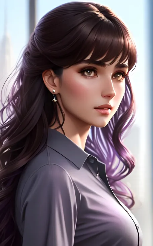 Prompt: a confident beautiful girl with long wavy brown hair with piercing gray eyes in a violet shirt, perfect composition, realistic, super detailed, 8k, high quality, artstation, sharp focus, studio photo, intricate details, highly detailed, by greg rutkowski, passion