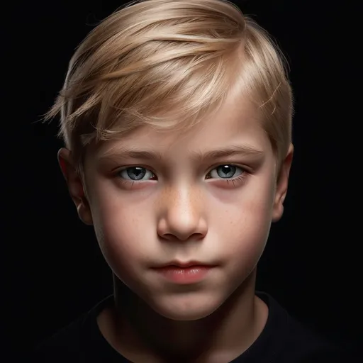 Prompt: photorealistic, 7 year old boy, wheat blonde hair, detailed eyes, black background, perfect composition, detailed face, realistic, super detailed, 8k, high quality, artstation, sharp focus, studio photo, intricate details, highly detailed, by greg rutkowski, (extremely detailed CG unity 8k wallpaper), trending on ArtStation, trending on CGSociety, Intricate, High Detail, sharp focus, dramatic, photorealistic painting art by midjourney and greg rutkowski, the most beautiful artwork in the world