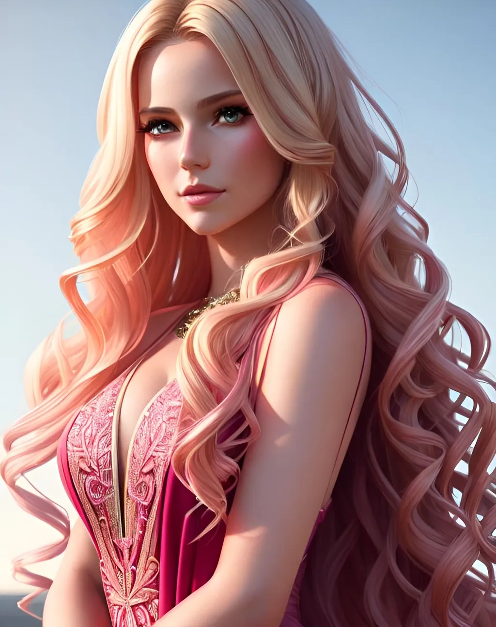 Prompt: photorealistic full body portrait, a beautiful girl with long wavy {blonde} hair in a stunning dark pink dress, perfect composition, detailed face, realistic, super detailed, 8k, high quality, artstation, sharp focus, studio photo, intricate details, highly detailed, by greg rutkowski