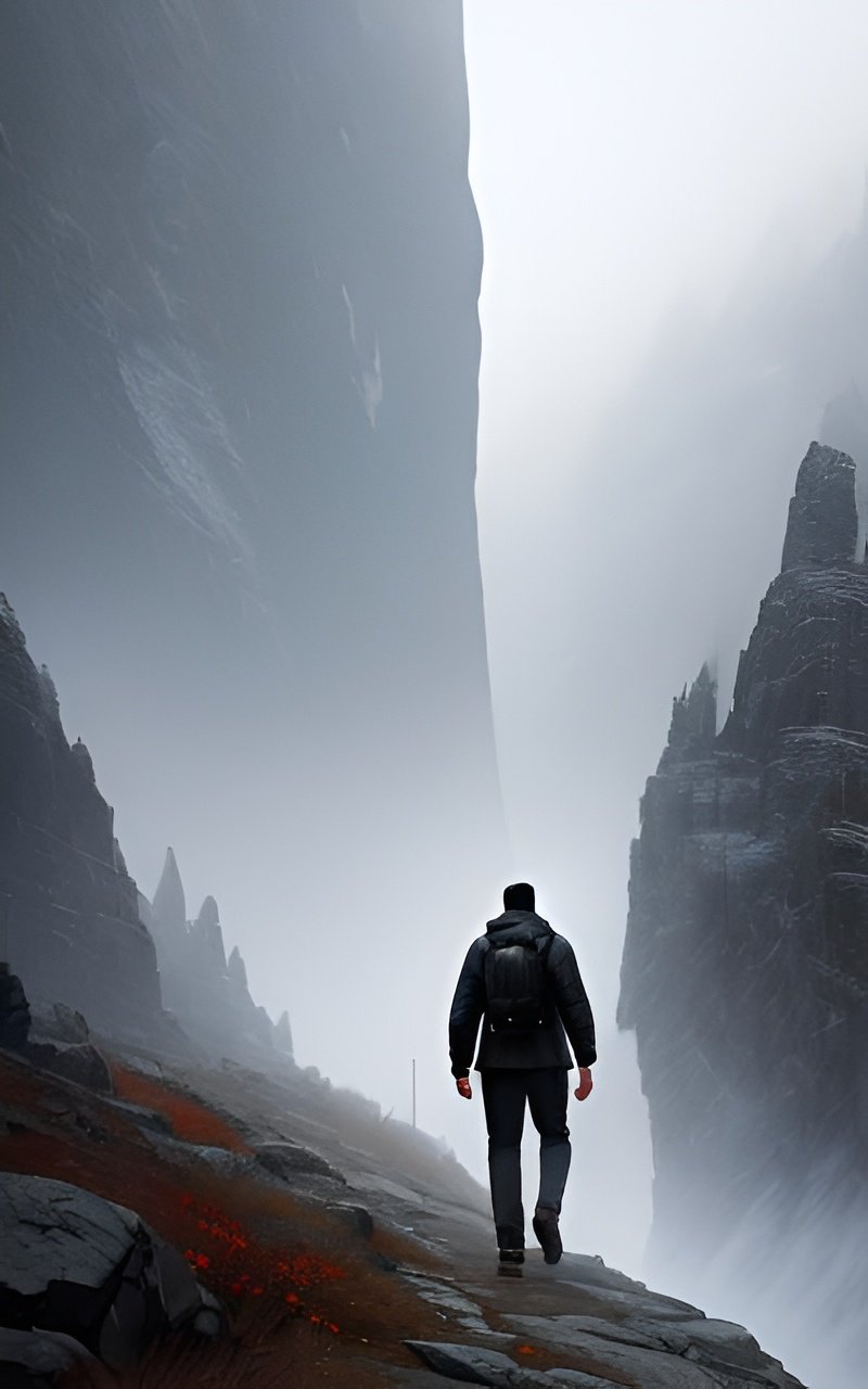Prompt: an adult man walking at the mountain in the gloomy weather, detailed face, perfect composition, hyperrealistic, super detailed, 8k, high quality, artstation, sharp focus, studio photo, intricate details, highly detailed, by greg rutkowski