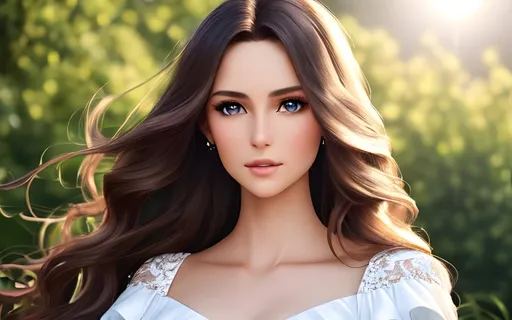 Prompt: photorealistic, waist-length picture of a beautiful girl with long {wavy} {brown} hair in a stunning dark white dress, 25 year old, {perfect eyes}, dreamy eyes, blue sky, sun, tress, grass, perfect composition, detailed face, realistic, super detailed, 8k, high quality, artstation, sharp focus, studio photo, intricate details, highly detailed, by greg rutkowski