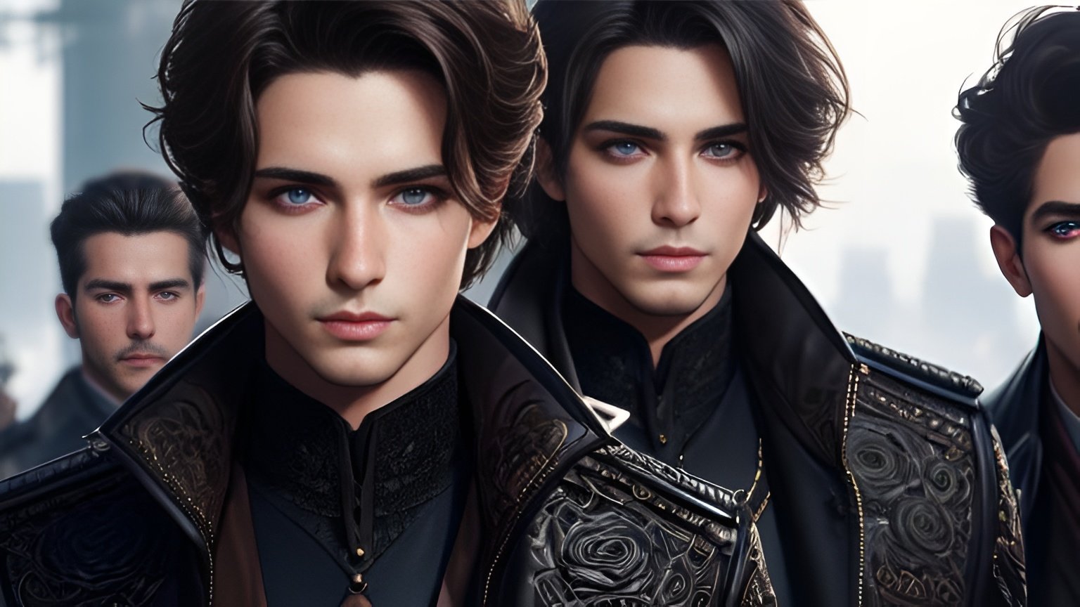 Prompt: photorealistic, waist-length picture, four men, 26 year old, {perfect eyes}, {perfect face}, dreamy eyes, photoshoot, perfect composition, detailed face, realistic, super detailed, 8k, high quality, artstation, sharp focus, studio photo, intricate details, highly detailed, by greg rutkowski