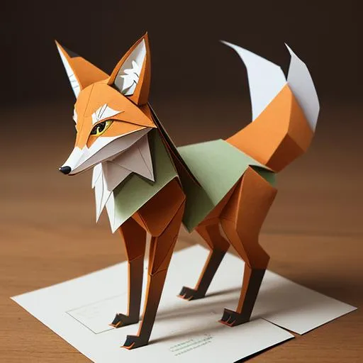 Prompt: 3D paper craft of a charming fox, vibrant colored paper, meticulous folding details, papercraft, realistic, DIY, vibrant colors, intricate folding, high quality, whimsical, natural lighting