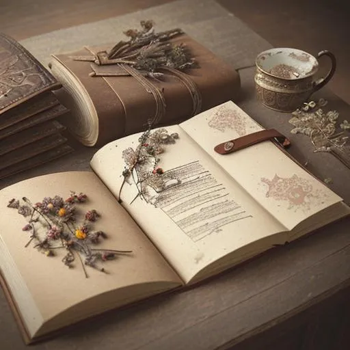 Prompt: Vintage-styled digital illustration of a cozy journal, warm earthy tones, rustic stationery, soft natural lighting, aged leather cover with intricate details, antique brass clasp, dried flowers adorning the pages, aged paper textures, nostalgic and inviting atmosphere, high quality, detailed illustration, vintage aesthetic, cozy atmosphere, warm tones, rustic details, soft lighting